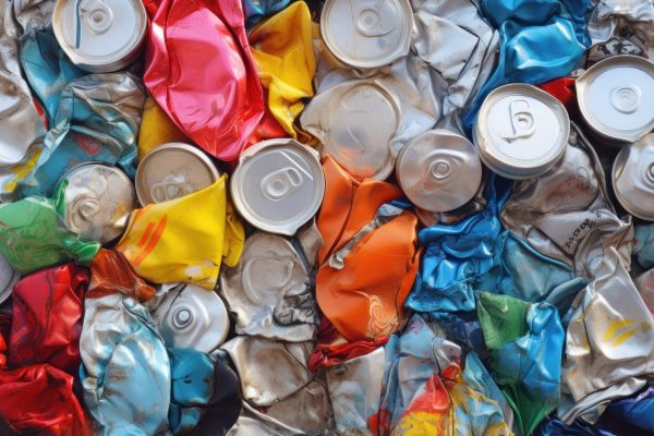 Background of crushed aluminum cans ready for recycling.